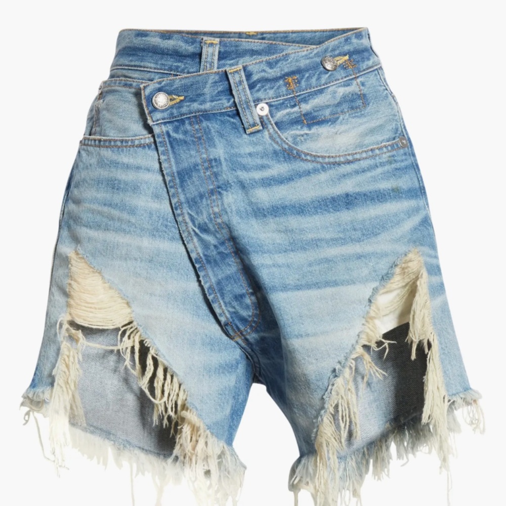 Distressed Crossover Denim Shorts, Size 26